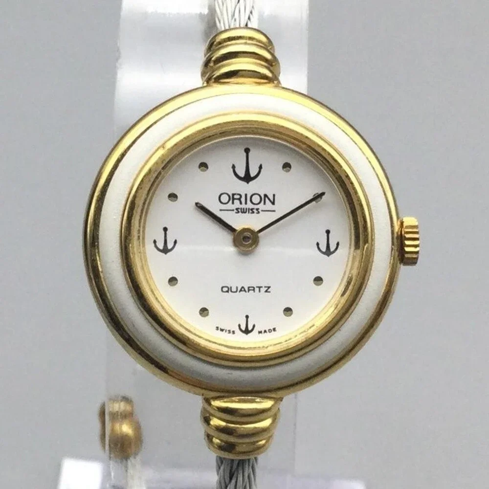 Orion Womens Watch 21mm White Dial Gold Bezel Cable Bangle Swiss New Battery